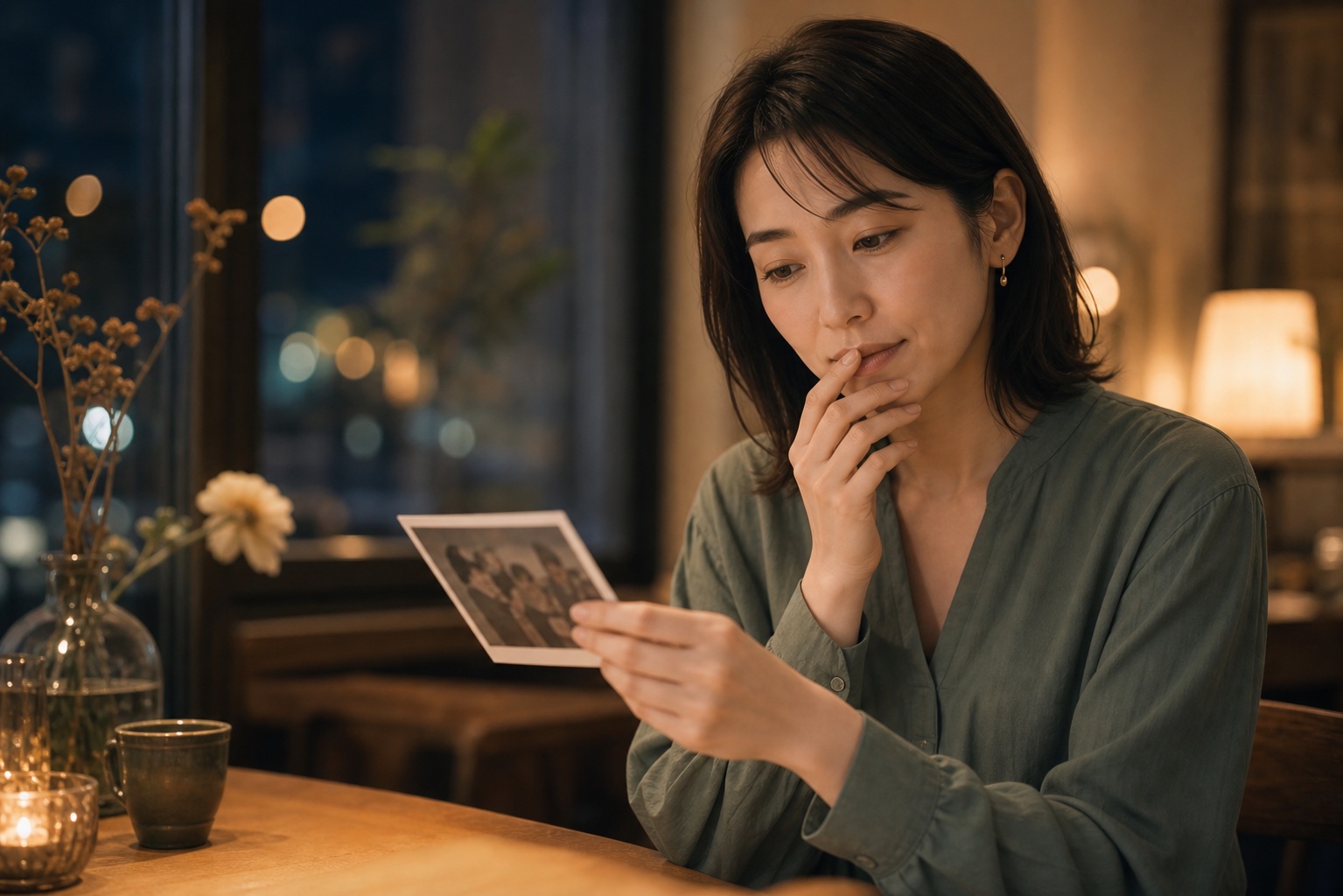 写真を見ながら口元を気にする女性のイメージ